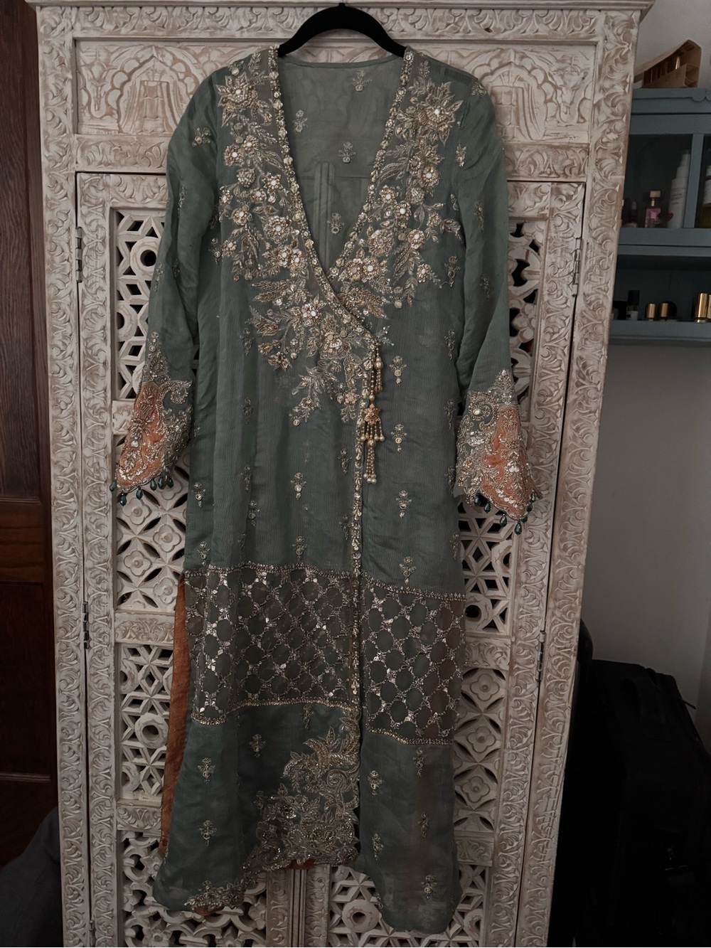 Embroidered Organza Sage Green Women's Pakistani Dress with Gold Accent S